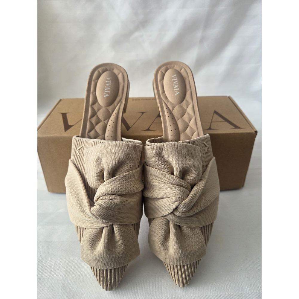Vivaia Yaffa Pro Almond Knotted Bow Pointed Toe Mules Knit Block Heel US 8 EU 39 - Picture 5 of 14